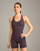 SoftMotion™ Racer Back Mid Vest with Built in Bra Shelf with Grey Logo | Dark Umber Brown