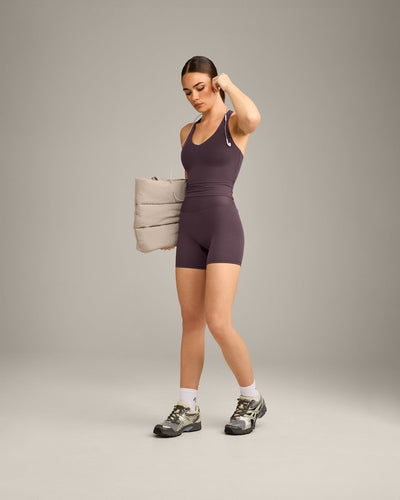 SoftMotion™ Racer Back Mid Vest with Built in Bra Shelf with Grey Logo | Dark Umber Brown