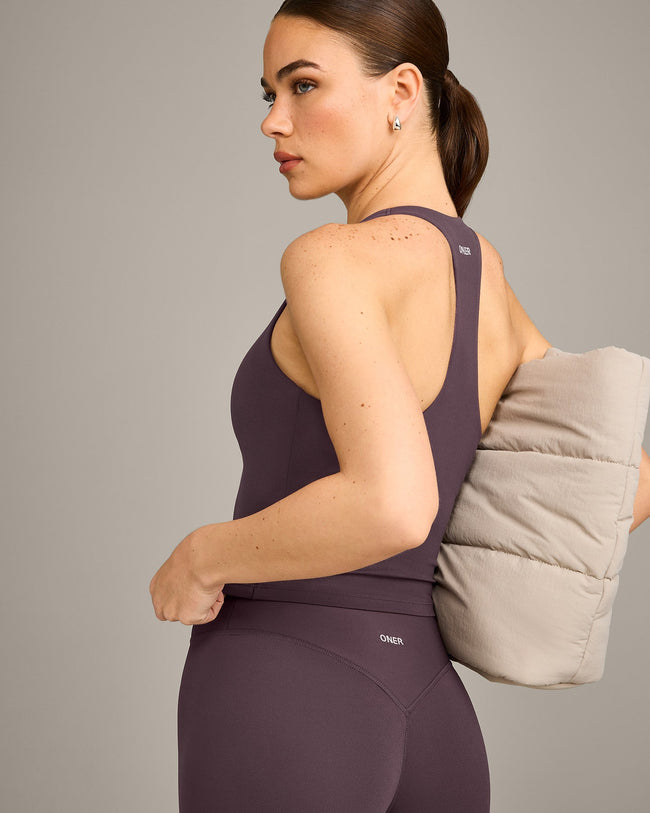 SoftMotion™ Racer Back Mid Vest with Built in Bra Shelf with Grey Logo | Dark Umber Brown