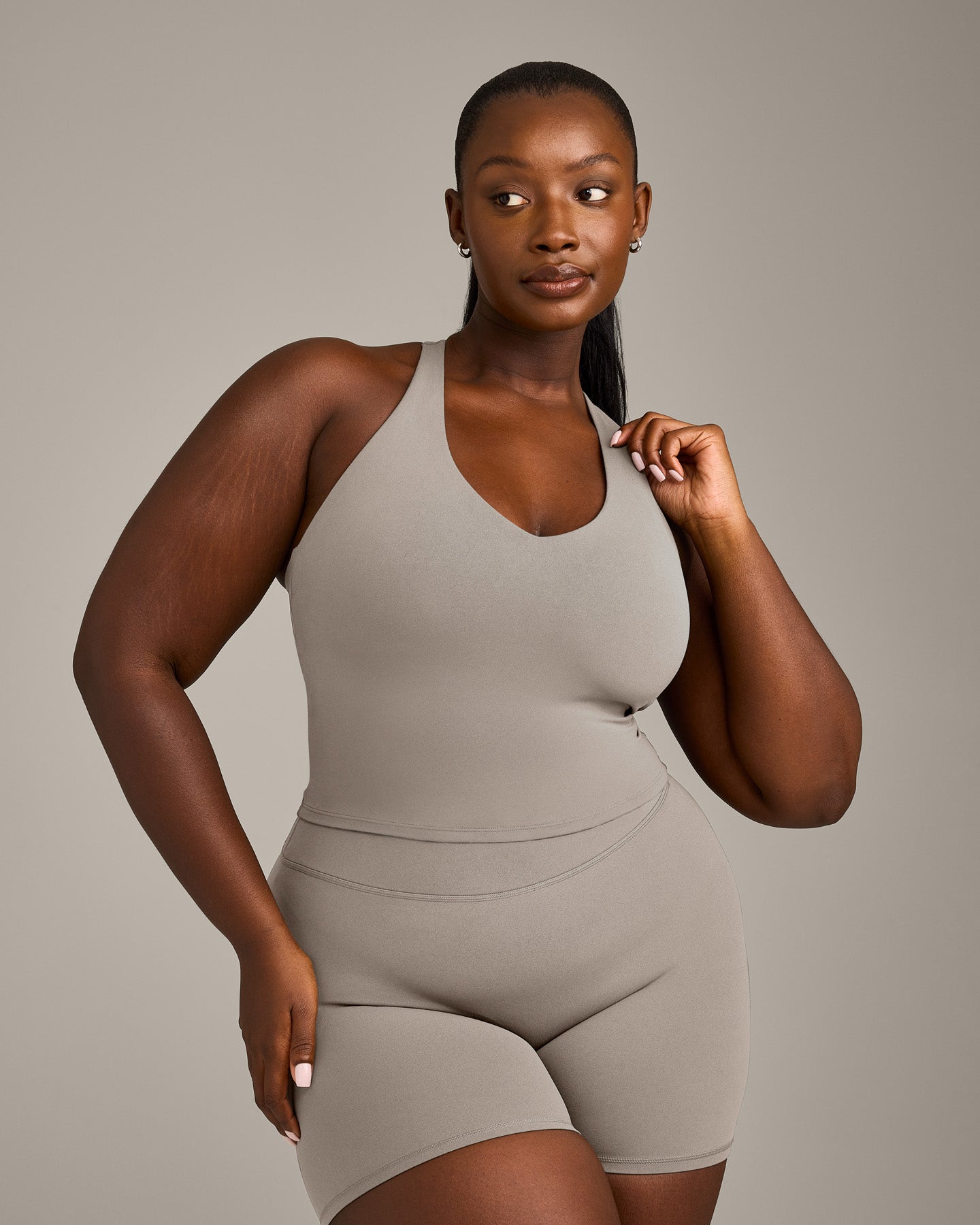 SoftMotion™ Racer Back Mid Vest with Built in Bra Shelf with White Logo | Warm Sand