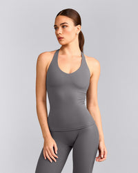 SoftMotion™ Racer Back Tank Top with Built in Bra Shelf with Grey Logo | Ash Grey