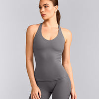 SoftMotion™ Racer Back Tank Top with Built in Bra Shelf with Grey Logo | Ash Grey