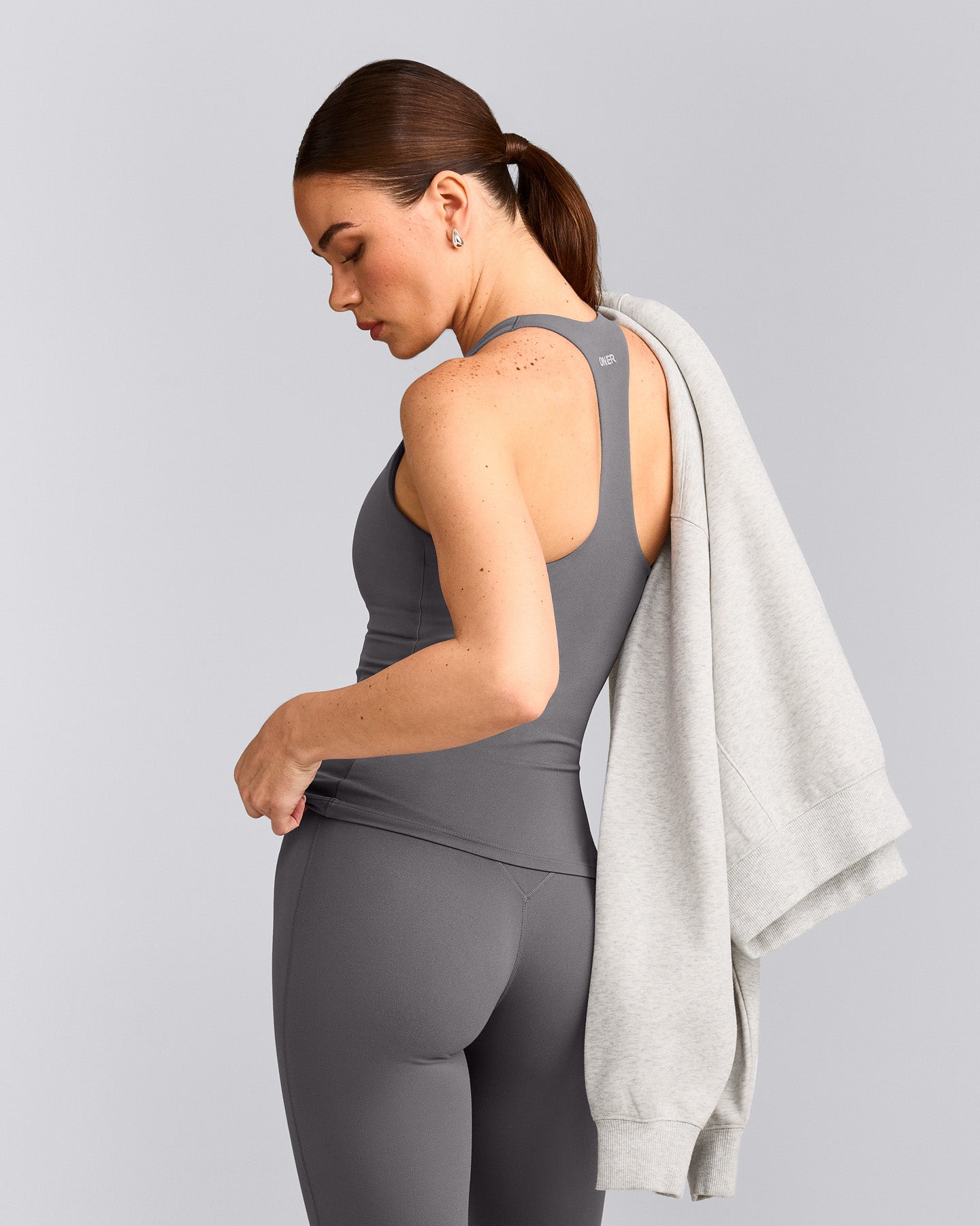 SoftMotion™ Racer Back Tank Top with Built in Bra Shelf with Grey Logo | Ash Grey