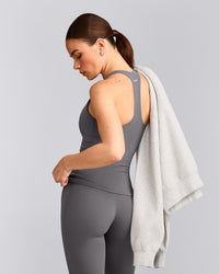 SoftMotion™ Racer Back Tank Top with Built in Bra Shelf with Grey Logo | Ash Grey