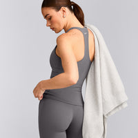 SoftMotion™ Racer Back Tank Top with Built in Bra Shelf with Grey Logo | Ash Grey