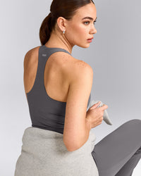 SoftMotion™ Racer Back Tank Top with Built in Bra Shelf with Grey Logo | Ash Grey