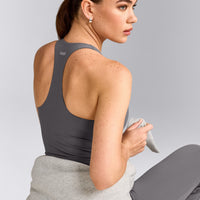 SoftMotion™ Racer Back Tank Top with Built in Bra Shelf with Grey Logo | Ash Grey