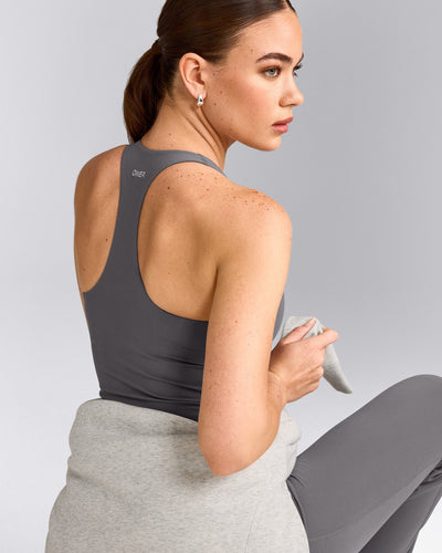 SoftMotion™ Racer Back Tank Top with Built in Bra Shelf with Grey Logo | Ash Grey