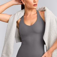 SoftMotion™ Racer Back Tank Top with Built in Bra Shelf with Grey Logo | Ash Grey