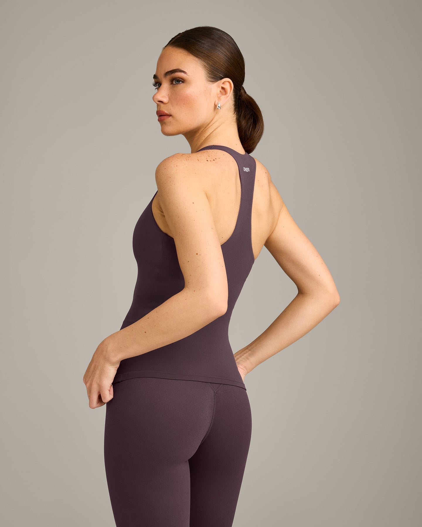 SoftMotion™ Racer Back Vest with Built in Bra Shelf with Grey Logo | Dark Umber Brown