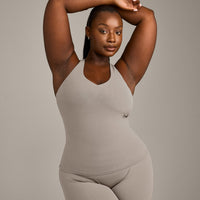 SoftMotion™ Racer Back Vest with Built in Bra Shelf with White Logo | Warm Sand