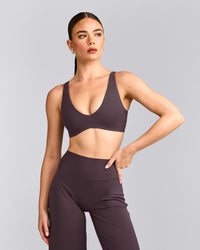 SoftMotion™ Scoop Back Bralette with Grey Logo | Dark Umber Brown