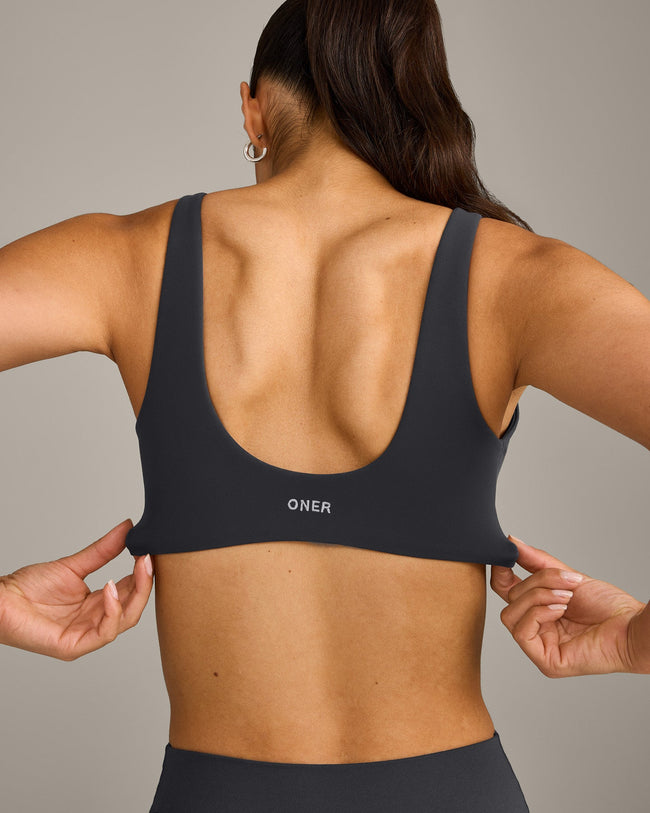 SoftMotion™ Scoop Back Bralette with Grey Logo | Coal