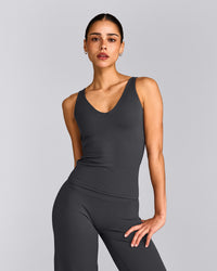 SoftMotion™ Scoop Neck Tank Top with Grey Logo | Coal