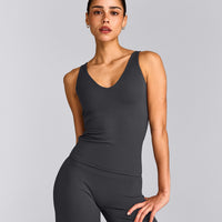 SoftMotion™ Scoop Neck Tank Top with Grey Logo | Coal