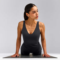 SoftMotion™ Scoop Neck Tank Top with Grey Logo | Coal