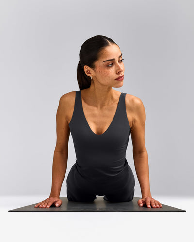 SoftMotion™ Scoop Neck Tank Top with Grey Logo | Coal
