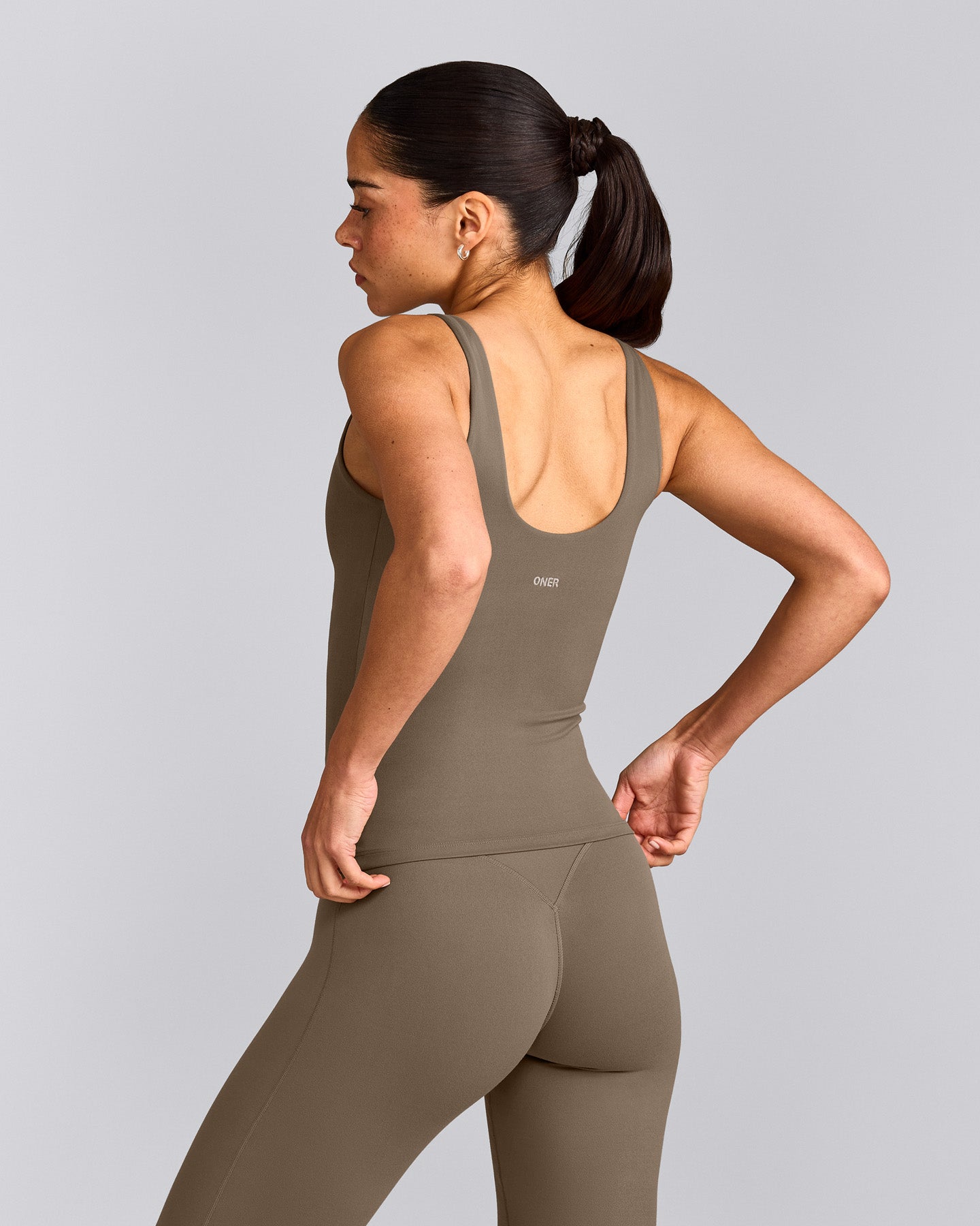 SoftMotion™ Scoop Neck Tank Top with Grey Logo | Moss Brown
