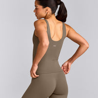 SoftMotion™ Scoop Neck Tank Top with Grey Logo | Moss Brown