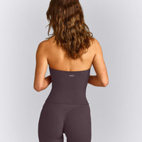 SoftMotion™ Strappy Halter Neck Mid Tank Top with Built in Bra Shelf with Grey Logo | Dark Umber Brown