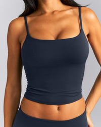 SoftMotion™ Strappy Mid Tank Top with Built in Bra Shelf New Branding | True Blue