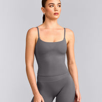 SoftMotion™ Strappy Mid Tank Top with Built in Bra Shelf with Grey Logo | Ash Grey