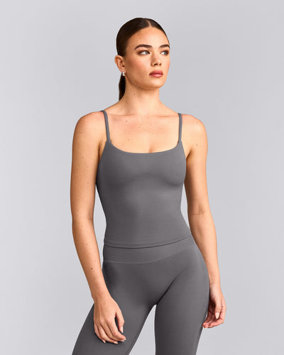 SoftMotion™ Strappy Mid Tank Top with Built in Bra Shelf with Grey Logo | Ash Grey