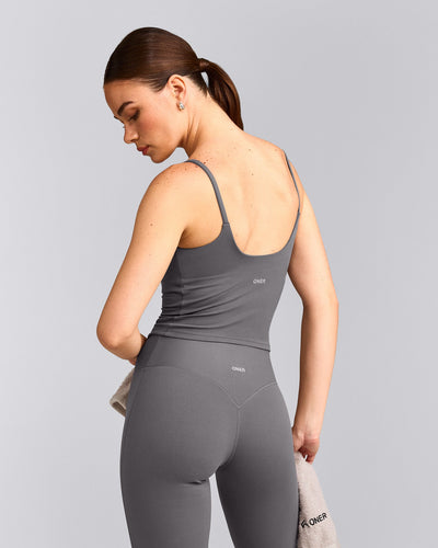 SoftMotion™ Strappy Mid Tank Top with Built in Bra Shelf with Grey Logo | Ash Grey