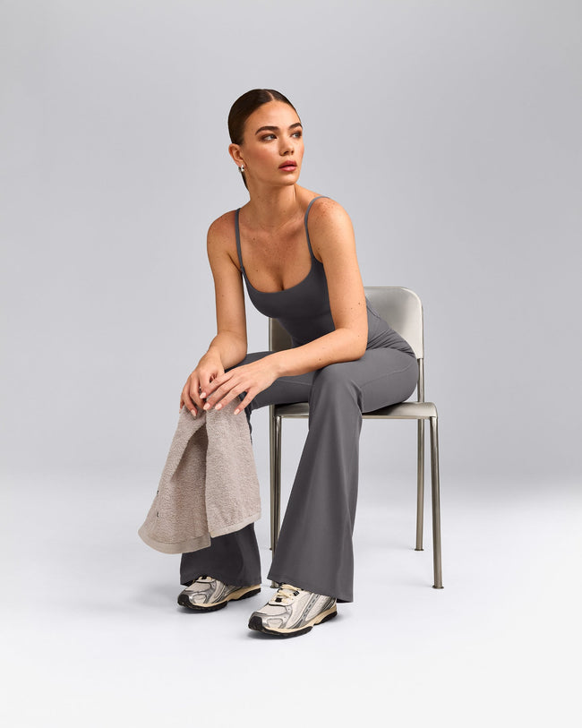 SoftMotion™ Strappy Mid Tank Top with Built in Bra Shelf with Grey Logo | Ash Grey
