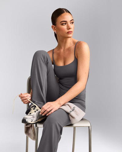 SoftMotion™ Strappy Mid Tank Top with Built in Bra Shelf with Grey Logo | Ash Grey