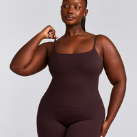 SoftMotion™ Strappy Mid Tank Top with Built in Bra Shelf with Grey Logo | Plum Brown