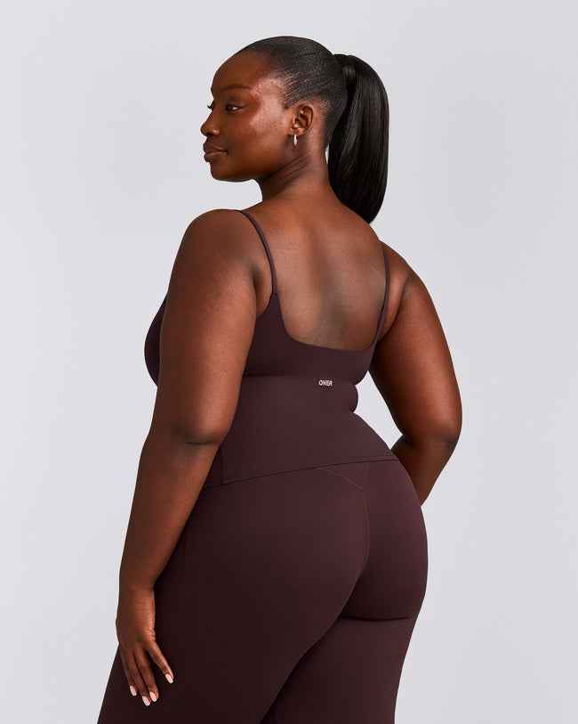 SoftMotion™ Strappy Mid Tank Top with Built in Bra Shelf with Grey Logo | Plum Brown