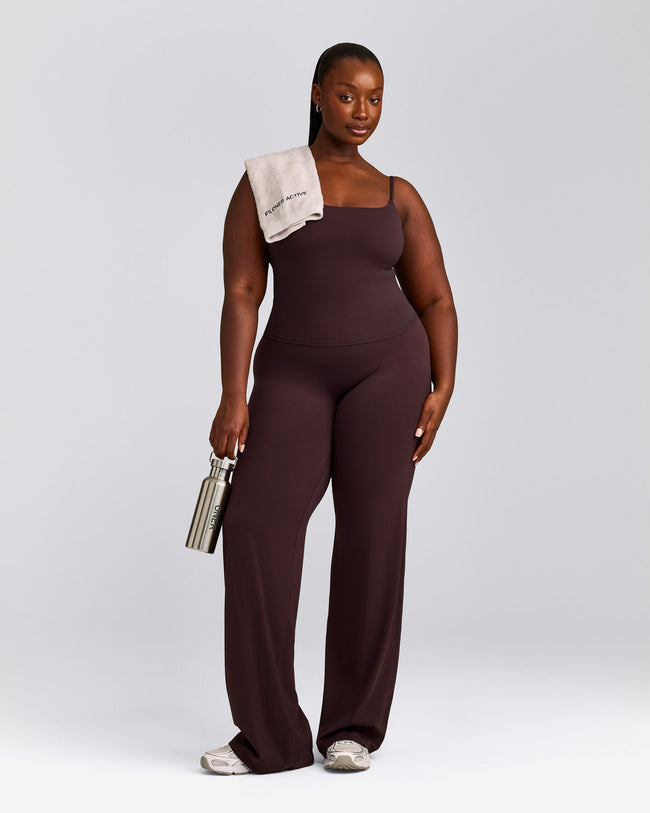 SoftMotion™ Strappy Mid Tank Top with Built in Bra Shelf with Grey Logo | Plum Brown