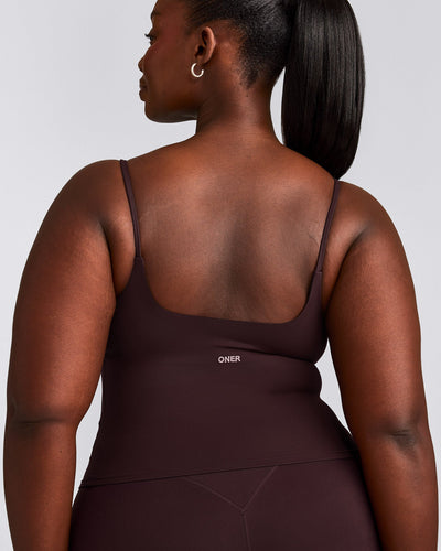 SoftMotion™ Strappy Mid Tank Top with Built in Bra Shelf with Grey Logo | Plum Brown