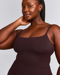 SoftMotion™ Strappy Mid Tank Top with Built in Bra Shelf with Grey Logo | Plum Brown