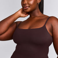 SoftMotion™ Strappy Mid Tank Top with Built in Bra Shelf with Grey Logo | Plum Brown
