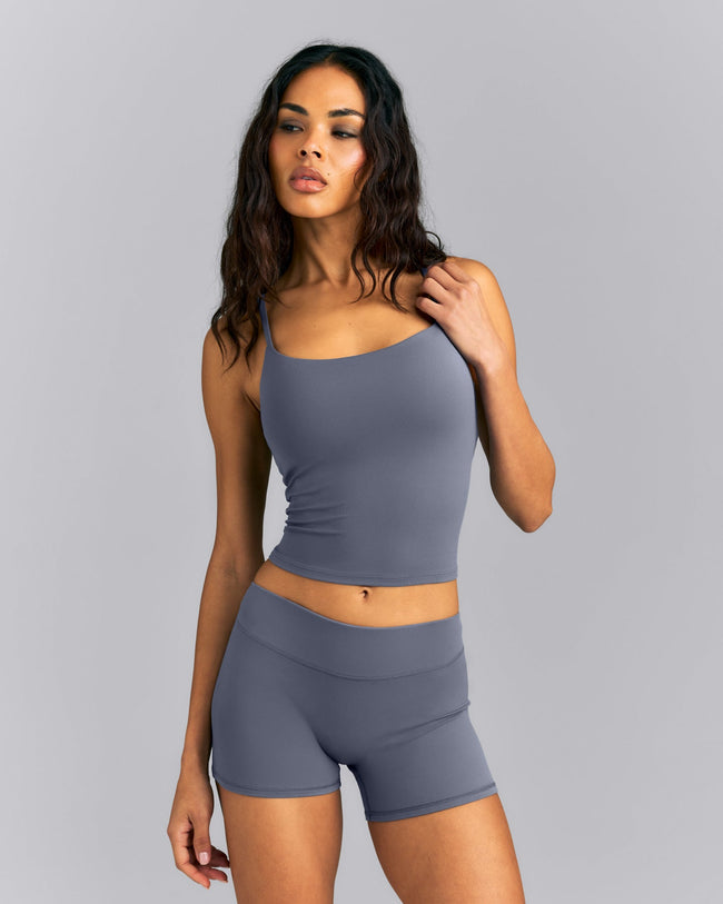 SoftMotion™ Strappy Mid Tank Top with Built in Bra Shelf | Granite Blue