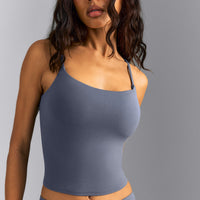 SoftMotion™ Strappy Mid Tank Top with Built in Bra Shelf | Granite Blue