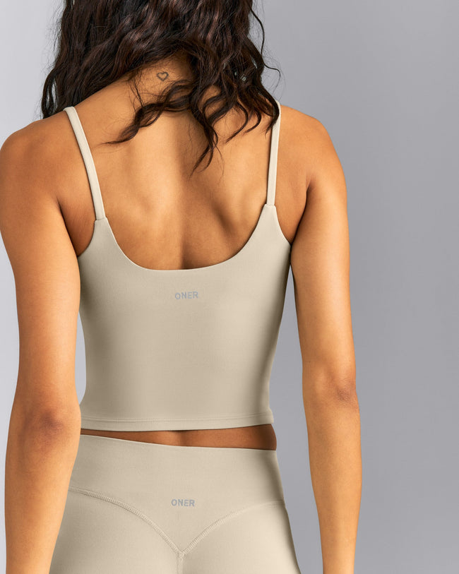 SoftMotion™ Strappy Mid Tank Top with Built in Bra Shelf | Oatmeal