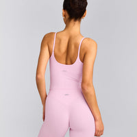 SoftMotion™ Strappy Mid Tank Top with Built in Bra Shelf with Grey Logo | Chalk Pink
