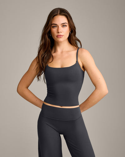 SoftMotion™ Strappy Mid Vest with Built in Bra Shelf with Grey Logo | Coal