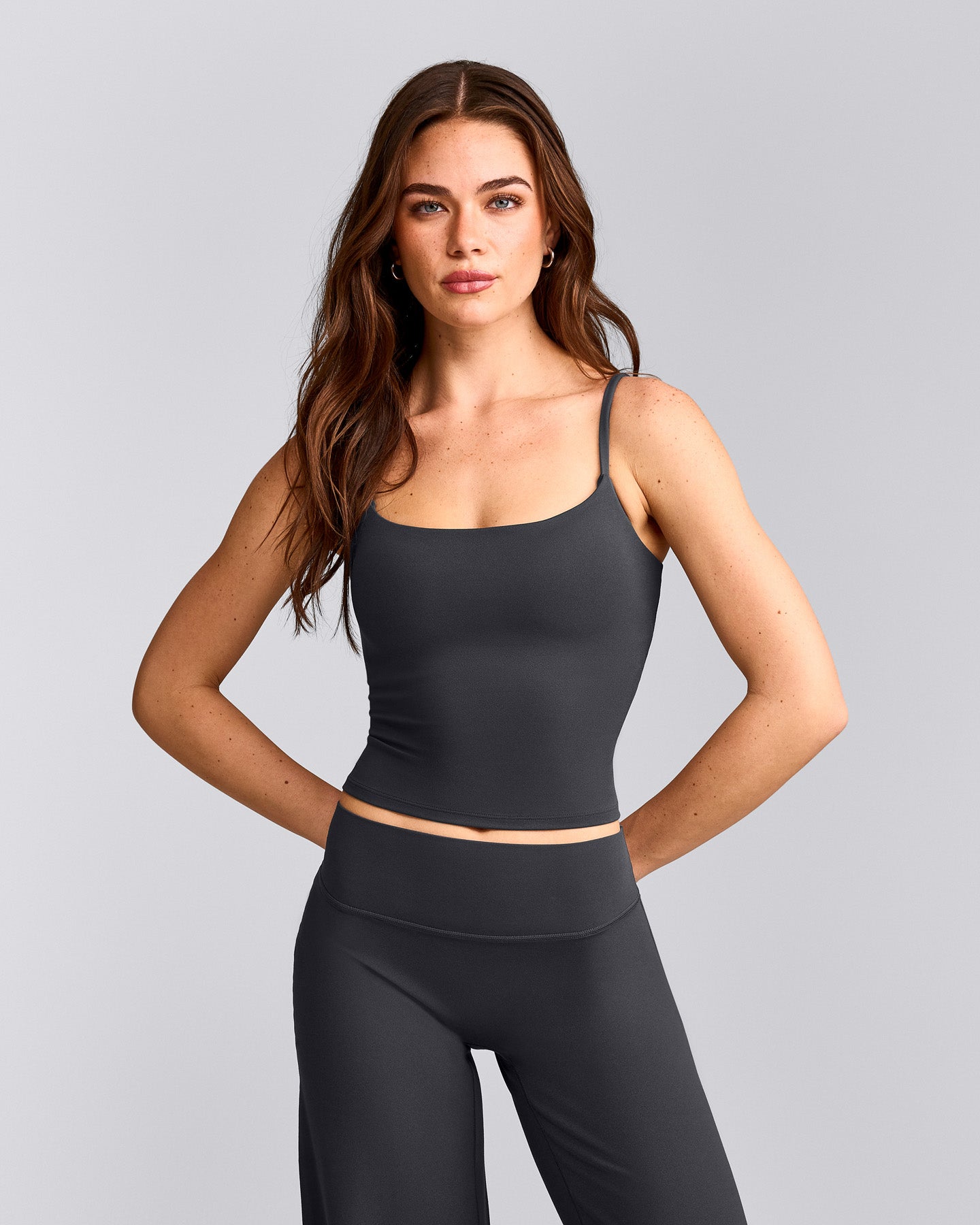 SoftMotion™ Strappy Mid Tank Top with Built in Bra Shelf with Grey Logo | Coal