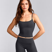 SoftMotion™ Strappy Mid Tank Top with Built in Bra Shelf with Grey Logo | Coal