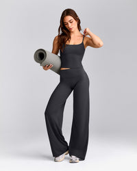 SoftMotion™ Strappy Mid Tank Top with Built in Bra Shelf with Grey Logo | Coal