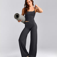 SoftMotion™ Strappy Mid Tank Top with Built in Bra Shelf with Grey Logo | Coal