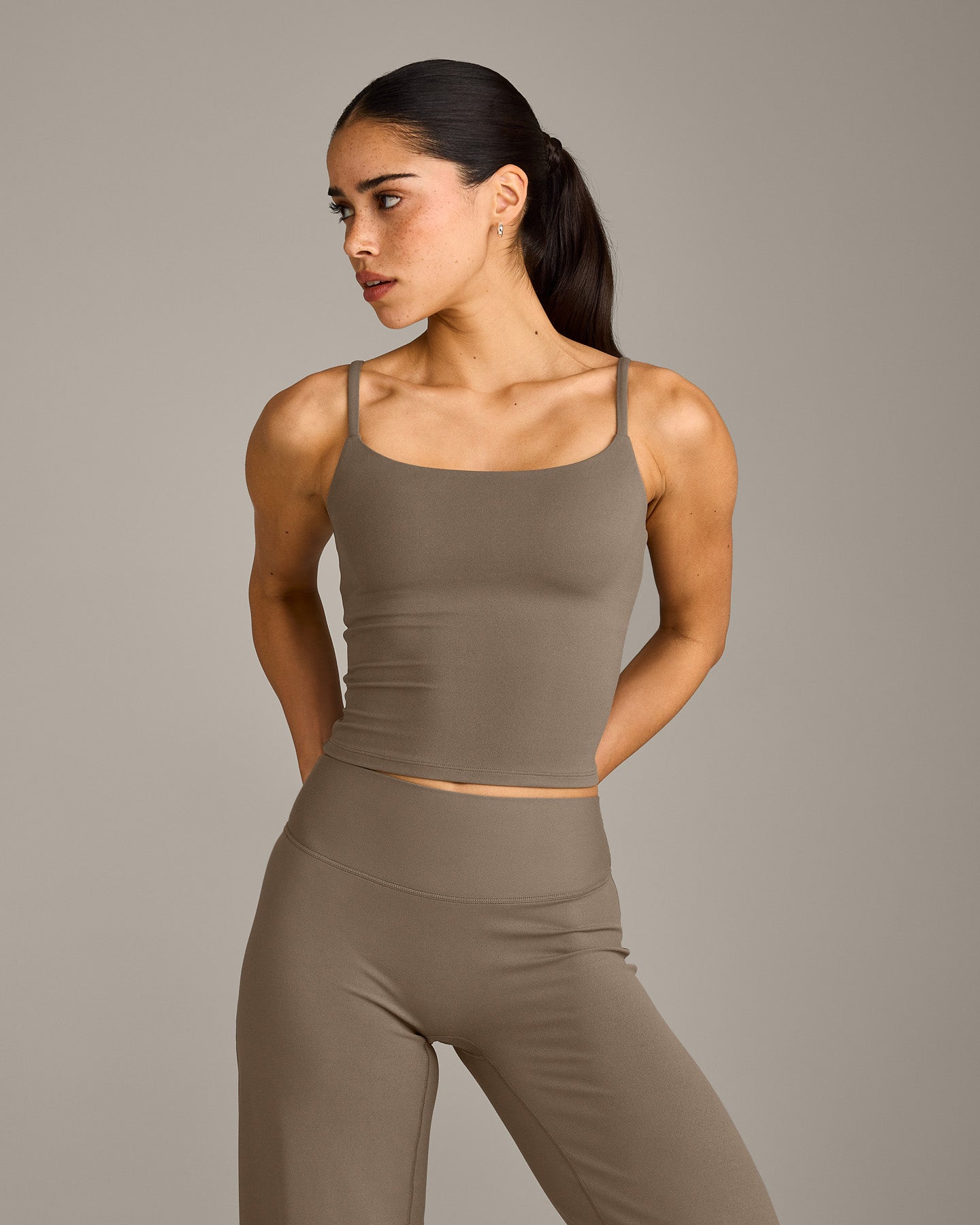 SoftMotion™ Strappy Mid Vest with Built in Bra Shelf with Grey Logo | Moss Brown
