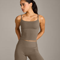 SoftMotion™ Strappy Mid Vest with Built in Bra Shelf with Grey Logo | Moss Brown
