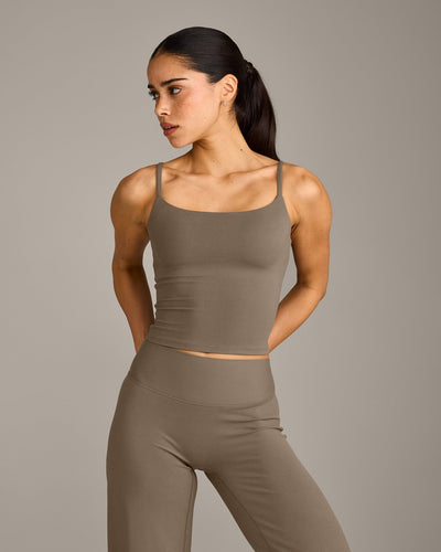 SoftMotion™ Strappy Mid Vest with Built in Bra Shelf with Grey Logo | Moss Brown