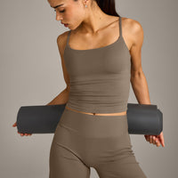 SoftMotion™ Strappy Mid Vest with Built in Bra Shelf with Grey Logo | Moss Brown