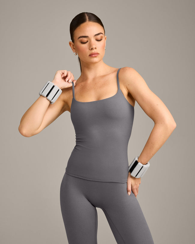 SoftMotion™ Strappy Vest with Built in Bra Shelf with Grey Logo | Ash Grey